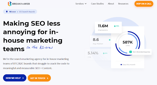 Break The Web homepage with headline “making SEO less annoying for in-house marketing teams” and performance stats