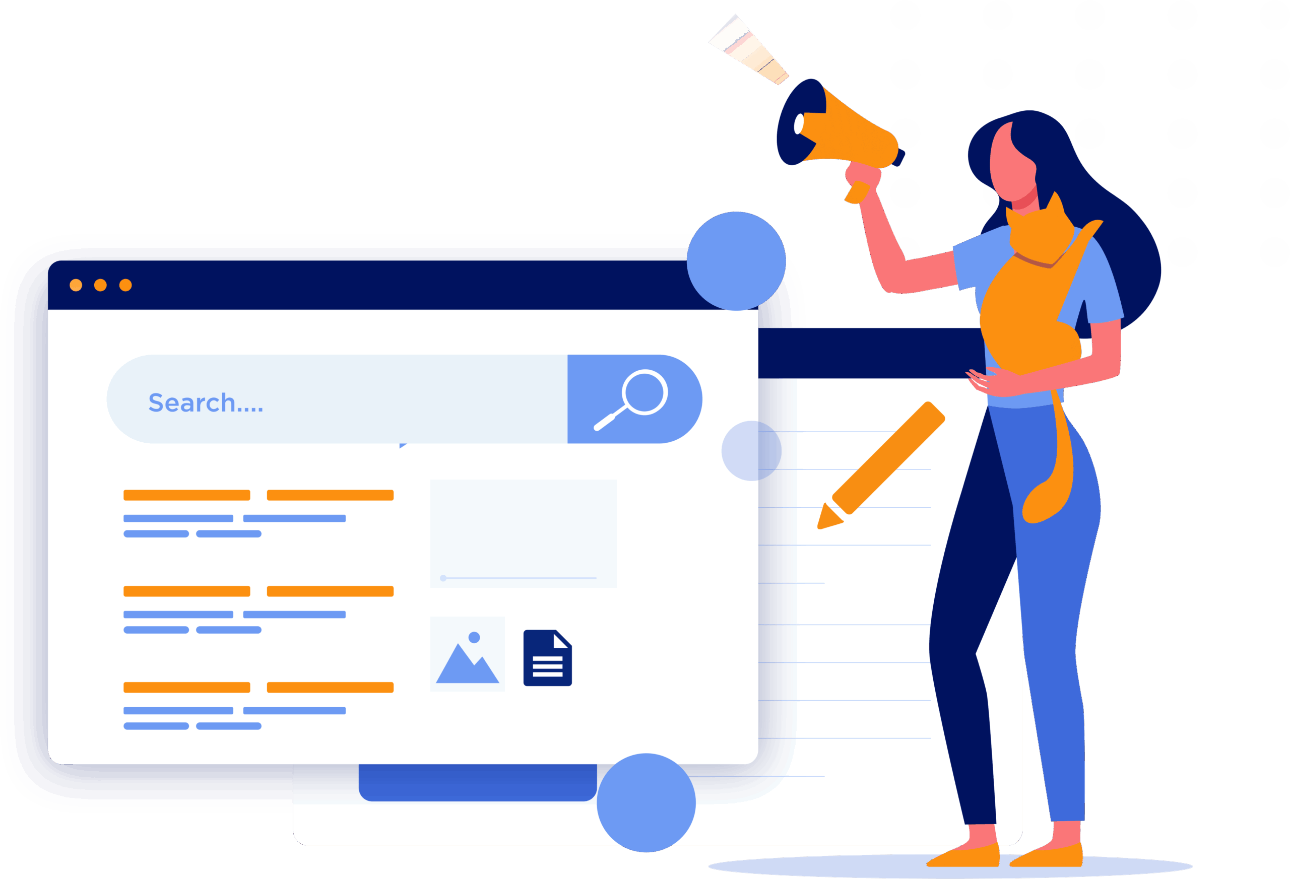 Illustration of a woman holding a cat and a megaphone, highlighting pet marketing, next to a large search engine results page and a notepad with an oversized pencil.