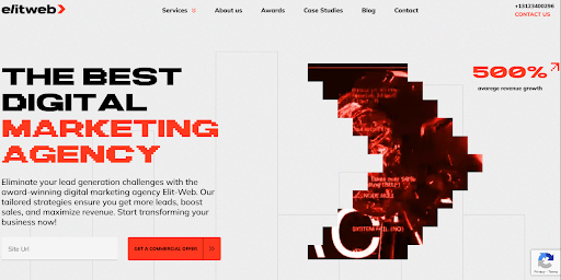 Elit Web homepage with bold text “the best digital marketing agency” and 500 percent revenue growth graphic