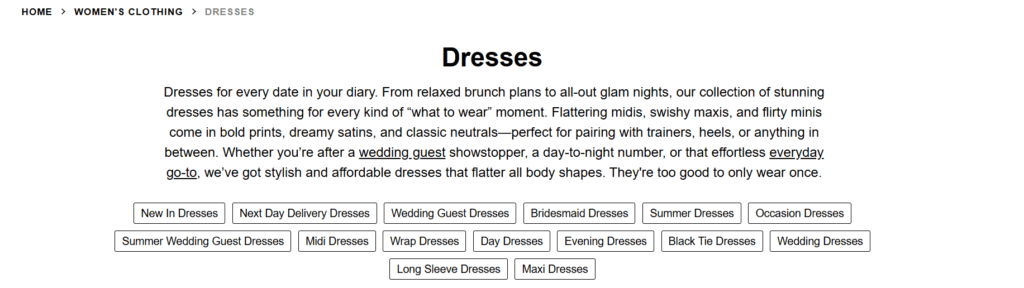 Example of an internal linking section on a Shopify collection page, connecting related product and clothing categories to strengthen site architecture and SEO.