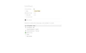 A Notion page titled “Untitled” displays project properties, status as “Ready to Begin,” and a list of notion SEO templates and general to-do templates to select or add.