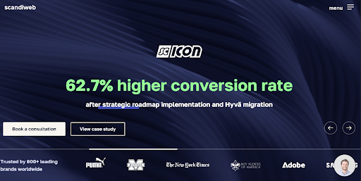 Scandiweb homepage with dark background showing 62 percent higher conversion rate and client logos