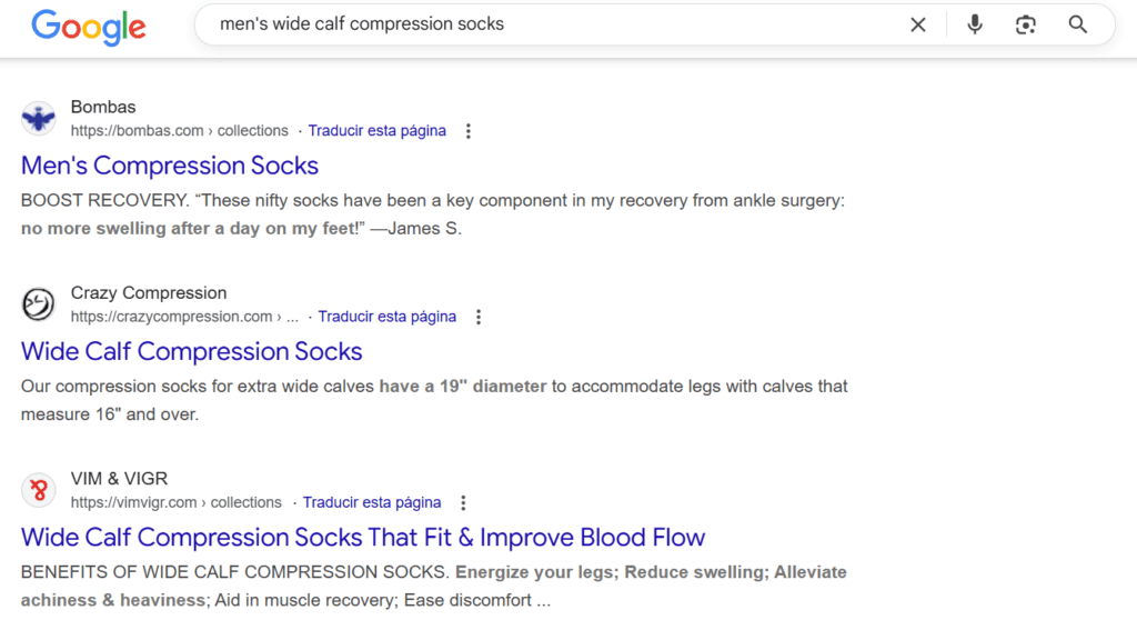 Screenshot of Google’s search results for men’s wide calf compression socks