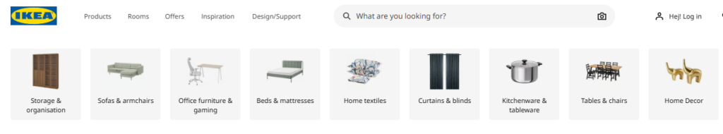 IKEA homepage showing category navigation linking users to major product sections.
