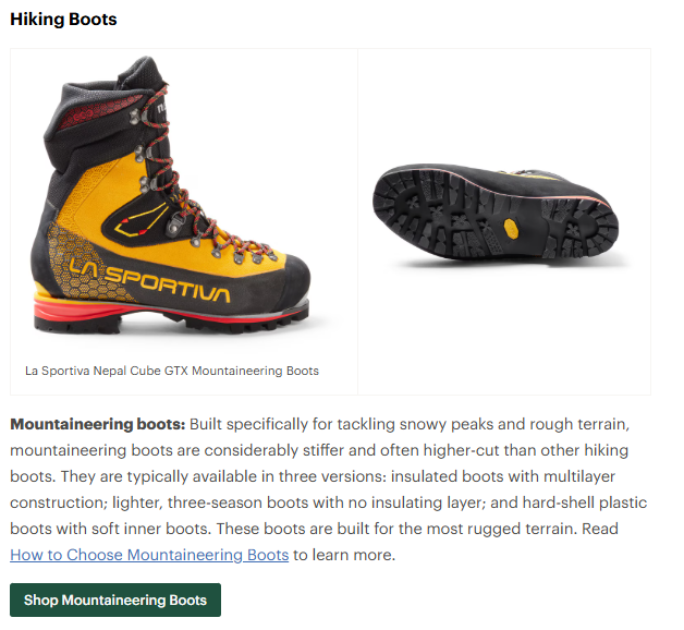Example of blog content linking to hiking boots product pages within an ecommerce site.