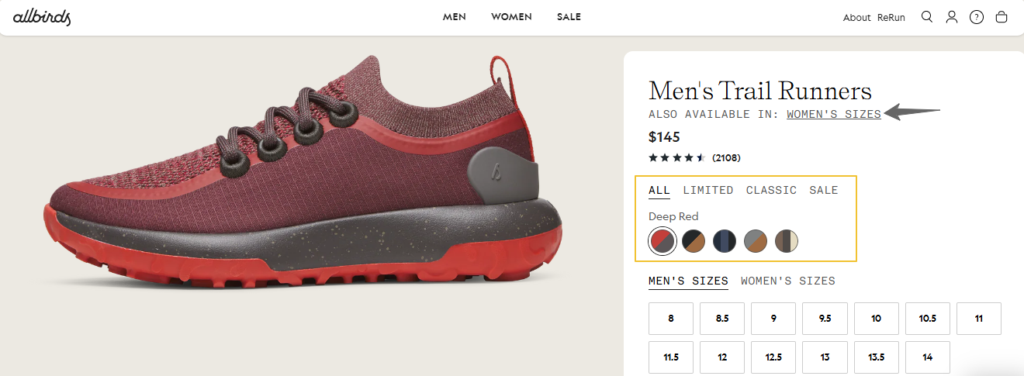 Allbirds product page showing variations and related options that support internal linking between products.