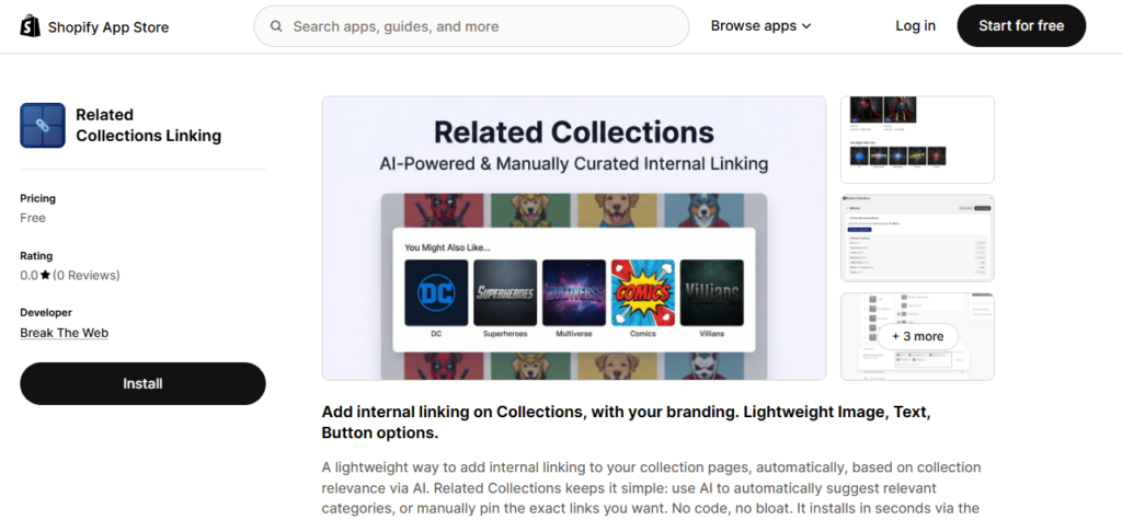 Shopify Related Collections app showing internal links between collections on product and category pages.
