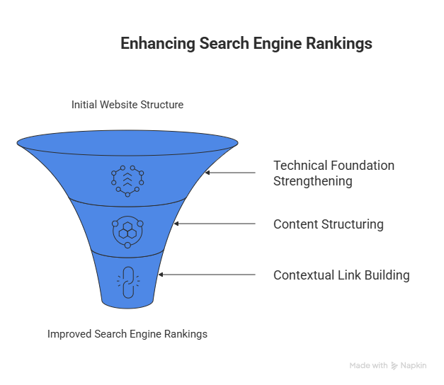 SEO funnel showing technical SEO, content, and links improving rankings and organic growth